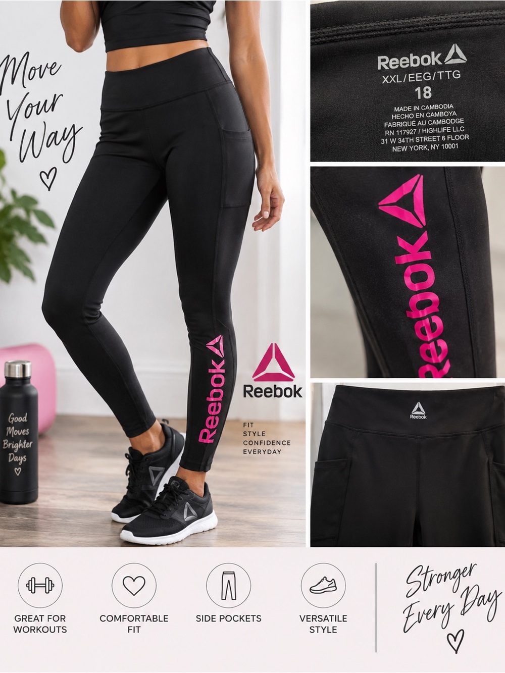 Reebok Women’s Black Leggings Size 18 XXL Pink Logo Side Pockets